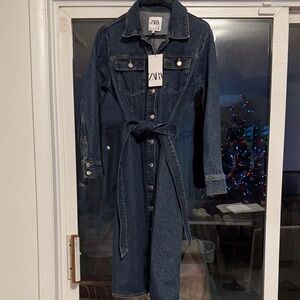 Zara Women's Dark Blue Denim Longline Jacket